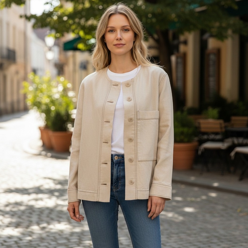 Wrap London Jacket Women 10 Beige Button Front Collarless Twill Utility Pocket